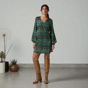 Joseph Ribkoff Black/Multi Satin A-Line Dress, Style 233272, US 6